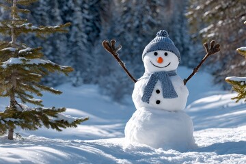 Obraz premium Happy snowman standing in sunny winter forest