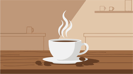 Monochromatic Flat Vector Coffee Illustration with Steaming Cup and Spill