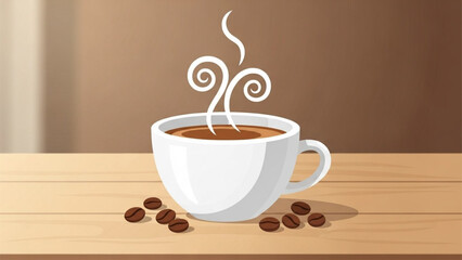 Flat Vector Illustration of Steaming Coffee Cup with Beans on Table