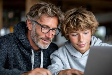 Father and son learning together using a laptop