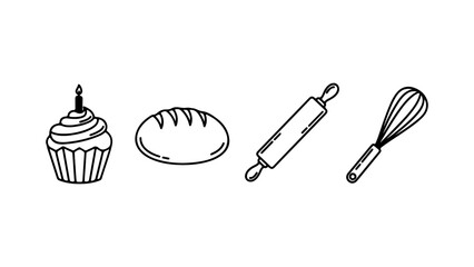 Minimalist Kitchen Baking Tools and Food Outline Vector Icons
