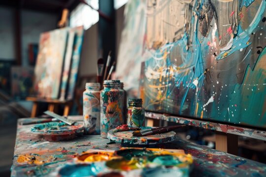 Colorful paint jars and brushes sit on a paint splattered table in an art studio, showcasing the vibrant chaos of artistic creation