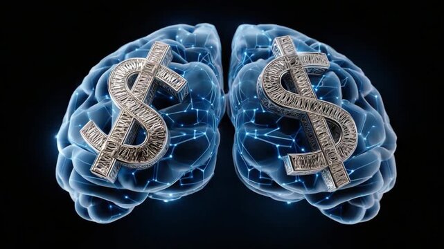 Brain & Bucks: A luminous brain with glowing pathways overlaid with a prominent dollar sign, symbolizing the monetary thought process and the intellectual power behind financial success.