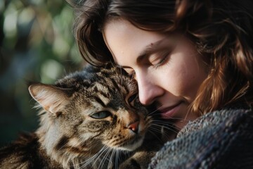 Girl embracing her tabby cat with tenderness and affection, enjoying a moment of peace and complicity