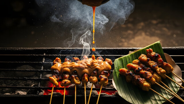 Grilled chicken satay skewers with peanut sauce being poured over them. - Powered by Adobe