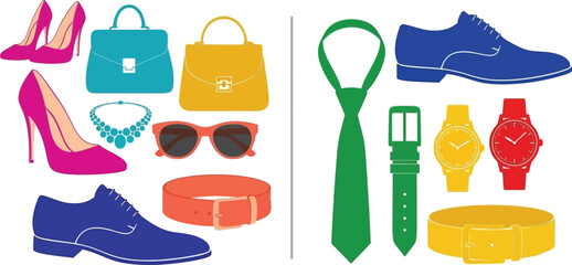 Colorful fashion accessories for men and women on white background