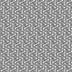 This image features a repeating geometric pattern of interlocking hexagons. The hexagons are outlined in dark gray against a white background, creating a tessellating, almost honeycomb-like design. 