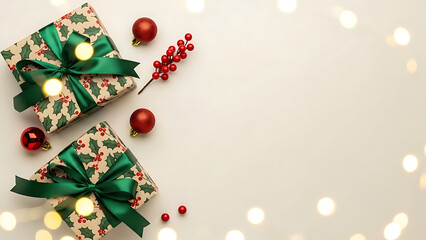 Festive christmas gifts with red ornaments and twinkling lights