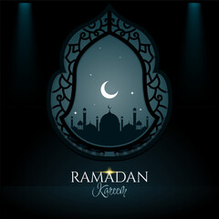 ramadan kareem arabic window with mosque, crescent and stars background.