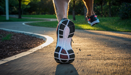 A close-up, low-angle shot of a person's running shoes and legs on a winding park path during golden hour.