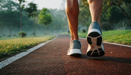 A person's legs and feet in athletic shoes walking on a red running track outdoors with trees and grass.