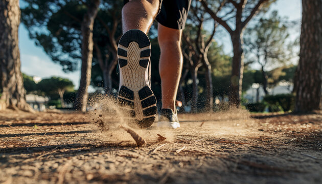 Close-up of a person's running shoes kicking up dust on a dirt path in a park with trees.
