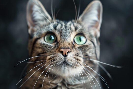 Close up of a tabby cat looking up, highlighting its vibrant green eyes and prominent whiskers against a dark background
