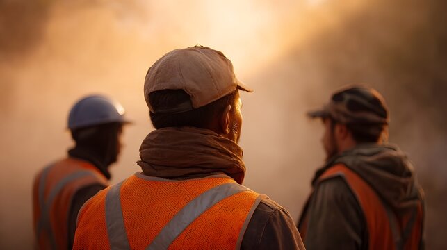 Three workers in reflective orange vests stand in golden hour light with atmospheric dust