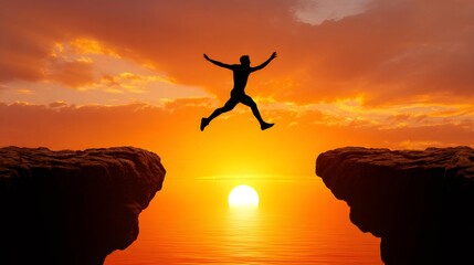 Man jumping cliff gap achieving freedom at sunset