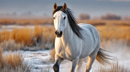 White horse galloping in golden winter field