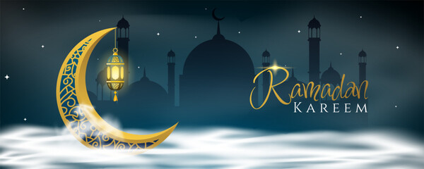 Ramadan kareem background with crescent, mosque and lantern.