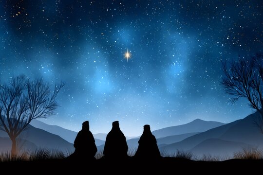 Three wise men seeing the star of bethlehem at night