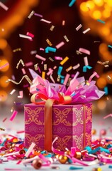 Celebration gift box present birthday party confetti surprise ribbon festive occasion merry giving joy