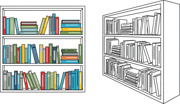 Hand drawn bookshelves with books line art illustration for education and reading