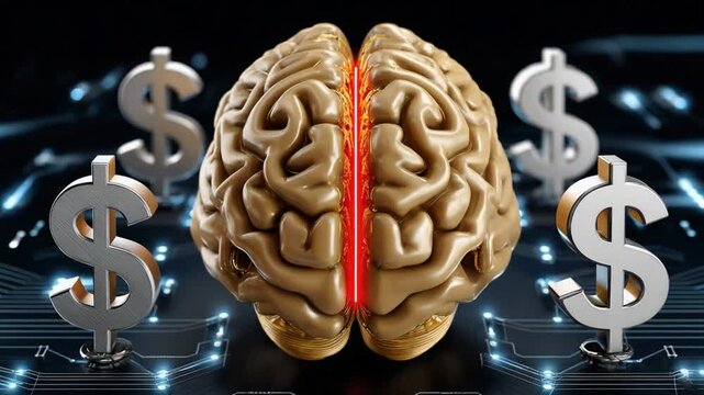 Brainy Investment: A conceptual representation of the interplay between intellect and financial gain, with a brain at the center, surrounded by gleaming dollar signs.