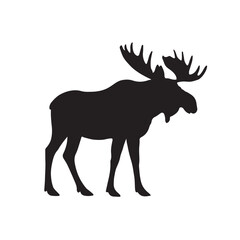 Black silhouette of a moose with large antlers on white background Keywords: moose, elk, deer