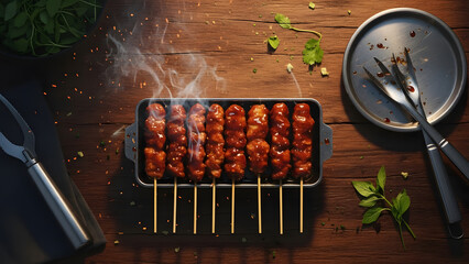 Delicious Chicken Satay Skewers on a Tray Ready to Eat.