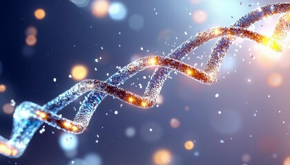 Close-up of a DNA strand with glowing highlights, set against a blurred dark background. The image evokes concepts of genetics, science, and research.