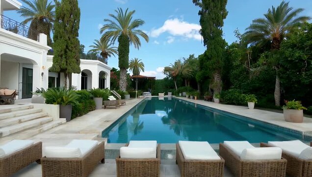 Luxurious 4K slow side to side pan showcasing a serene outdoor area of a luxury property featuring a long elegant infinity pool and a comfortable seating area adorned with cushions and decorative