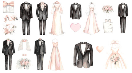 Elegant wedding outfit illustration set featuring bride and groom formal attire with accessories floral elements and romantic pastel details ideal for invitations fashion concepts and celebration them