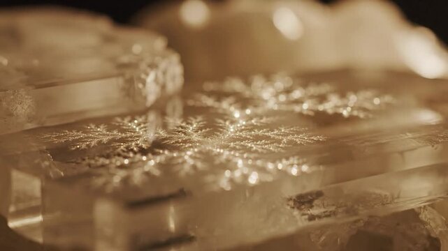 Closeup of sparkling purple ice with intricate snowflake patterns