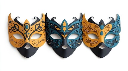 Three colorful paper masks with intricate designs are arranged on a white background. The masks are in shades of gold, teal, and black.