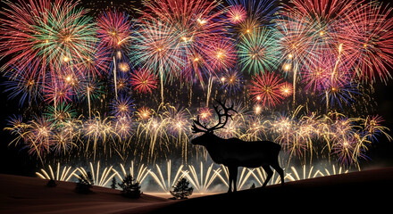 Stunning Fireworks Display over Reindeer Silhouette at Night Celebration
