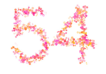 Number fifty-four, 54 made with multicolored bokeh lights effect, Bokeh abstract isolated on white background, Digit, Blur, Glitter, Defocused, Seamless polka dot pattern, Illustration design