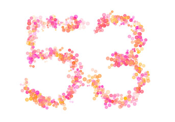 Number fifty-three, 53 made with multicolored bokeh lights effect, Bokeh abstract isolated on white background, Digit, Blur, Glitter, Defocused, Seamless polka dot pattern, llustration design