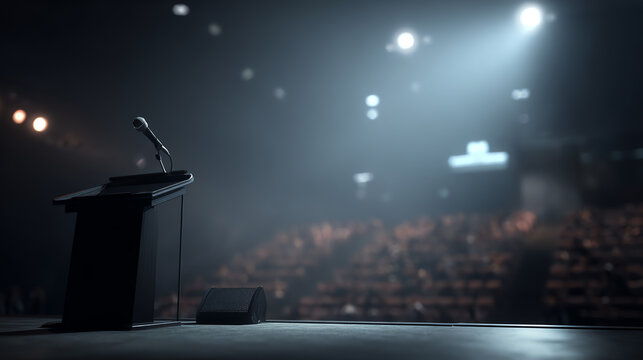 A podium with a microphone on stage, illuminated by dramatic lighting, awaiting a speaker to address the audience.