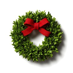 Boxwood wreath with red bow isolated on white background