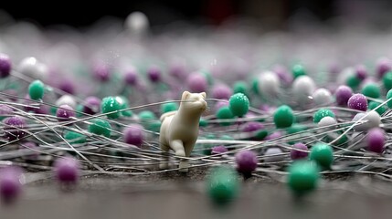 A macro shot of a toy cat walking through a bed of colorful beads and pins. The image has a shallow depth of field, creating a dreamy, artistic effect.