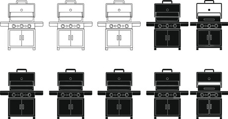 Gas grill transformation sequence—black and white vector of grill design evolution in ten progressive stages