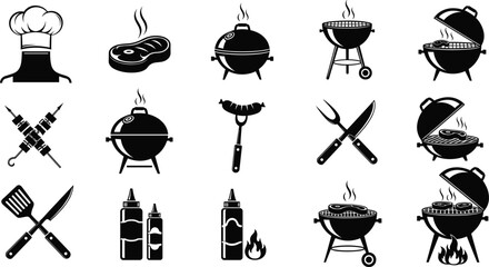 Grilling icon grid—black silhouette vector of chef hat, steak, skewers, sausage, grills, condiments, and utensils