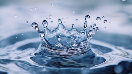 Water splash formation crown droplet structure with impact dynamics surface tension refraction patterns macro photography transparent liquid physics commercial use