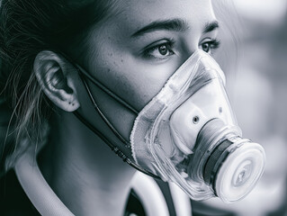 Female figure in a protective mask, looking contemplative, emphasizes the significance of respiratory health and safety measures in disease management and prevention