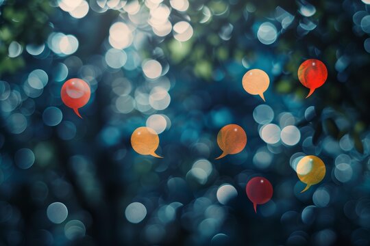 Colorful speech bubbles floating on a dark blue bokeh background, representing online communication and social media discussions