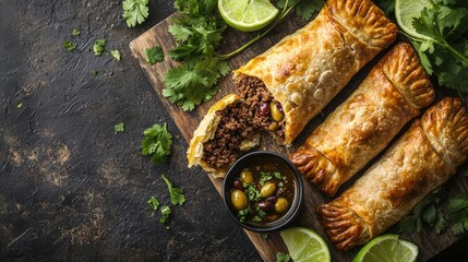 Golden beef empanadas with flaky pastry crust on wooden board served with savory meat filling, mixed olives and fresh cilantro garnish