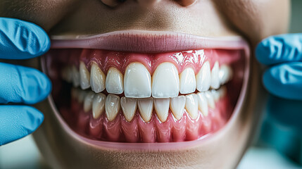 Bright dental procedure in progress, highlighting a perfect smile with white teeth, a dentist's gloved hand, and a clean, well-lit clinic environment