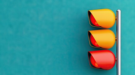 A 3D rendering of a traffic light with red and yellow lights against a teal background.