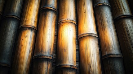 Natural bamboo strips pattern texture background with golden brown organic canes and weathered nodes perfect for eco-friendly web design projects