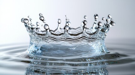 Water crown splash high-speed photography with crystal clear droplets forming perfect crown shape against neutral background macro detail