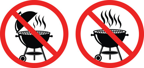 No grilling allowed icon—black silhouette vector of steaming charcoal grills with red prohibition symbols