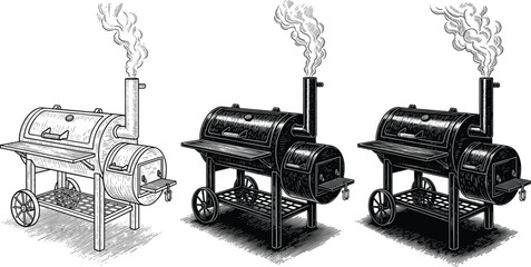 Offset smoker grill trio—black and white vector of three barbecue smokers in progressive shading styles